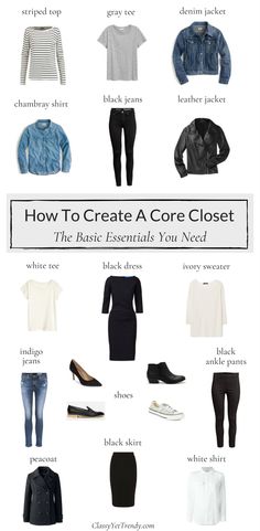 How To Create A Core Closet - If you have these 18 clothes and shoes, you already have several outfits in your wardrobe! Find out why you need a striped top, gray tee, denim jacket, chambray shirt, black jeans, leather jacket, white tee, black dress, ivory sweater, indigo jeans, ankle pants, peacoat, white shirt and black skirt in your closet for an outfit idea. Shoes like black heels, sneakers, ankle boots and loafers are added too. How To Wear Vans, Ankle Boots With Jeans, Minimalist Moda, Closet Clothes, How To Wear Ankle Boots, Classy Yet Trendy, Basic Essentials, Leather Outfits, Mode Tips