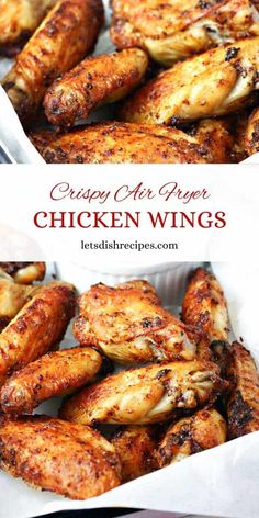 crispy air fryer chicken wings in a basket with text overlay that reads crispy air fryer chicken wings