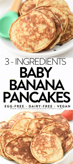 pancakes on a plate with the words 3 ingredients baby banana pancakes