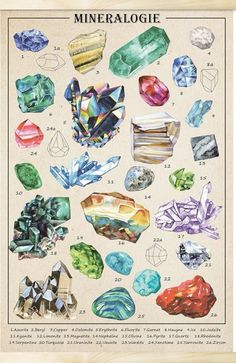 a poster with different colored rocks and crystals on it's back cover, which reads mineralogie