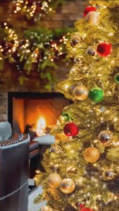 a decorated christmas tree in front of a fire place with lights and ornaments on it