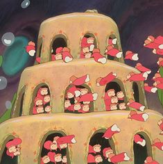 an animated scene with many people in red suits and pink hats on top of a tower