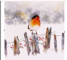 a watercolor painting of a bird perched on a fence post in the snow with red berries