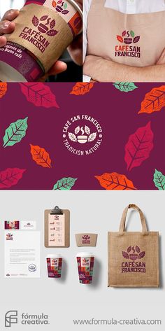 an advertisement for a coffee shop with leaves on the front and side, including a bag