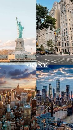 there are two different views of new york and the statue of liberty in this photo