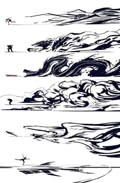 three black and white images of waves in the ocean, with one person on skis