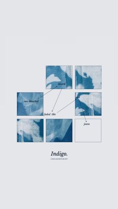 the cover art for indigoo's album, featuring blue and white images with words on