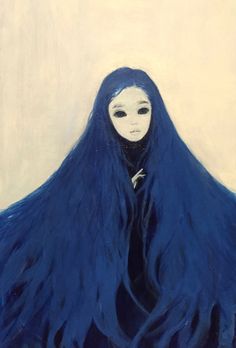 a painting of a woman with long blue hair and a mask on it's face