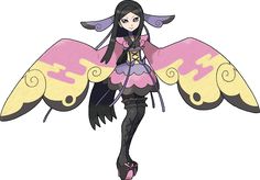 an anime character with long black hair wearing a pink and yellow butterfly wings outfit, standing in front of a white background