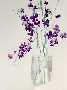 a painting of purple flowers in a glass vase on a white background with watercolors