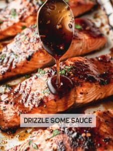 someone is pouring sauce on some salmon fillets with the words drizzle some sauce