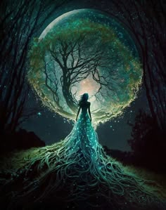 a woman standing in the middle of a forest under a full moon with her hands on her hips