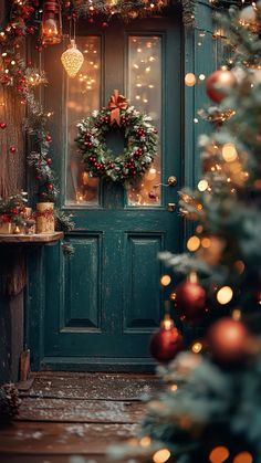 a green door decorated with christmas wreaths and lights