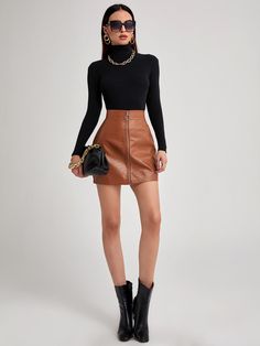 Black Casual  Long Sleeve Polyester Plain Basic Tops  Slight Stretch Fall/Winter Women Knitwear Brown Leather Skirt Outfit, Brown Skirt Outfit, Leather Mini Skirt Outfit, Brown Leather Skirt, Brown Skirts, Women Sweaters