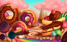 a painting of donuts, cake and candy