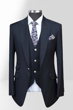 Discover Brady Navy Blue Slim Peak Collar Three Piece Wedding Suit | Gold Jacquard Buttons with bradymensuit. Shop for a range of Dark Navy Peaked Lapel men's suits for every occasion with rush order service in cheap price. Blue Wedding Blazer In Suiting Fabric, Classic Royal Blue Blazer For Wedding, Classic Royal Blue Wedding Blazer, Royal Tailored Suits For Semi-formal Occasions, Royal Tailored Suit For Formal Occasions, Royal Tailored Formal Suit, Blue Double-breasted Suit For Wedding, Blue Double Breasted Wedding Suit, Elegant Tailored Royal Blue Sets