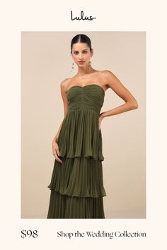 Sweeping everyone off their feet is so easy when you have a romantic look like the Lulus Seriously Sensational Olive Green Strapless Tiered Maxi Dress! Lightweight pleated woven chiffon shapes this flirty dress that features a strapless bodice (with hidden no-slip strips) and a sweetheart neckline. The high, fitted waist tops a figure-skimming, tiered skirt that cascades down to a maxi hem. Hidden back zipper/clasp. Fit: This garment fits true to size. Length: Floor length. Size medium measures 52.5" from top to bottom. Bust: Great for any cup size. Waist: Fitted - very fitted at natural waist. Hip: Not Fitted - fuller skirt allows room for hips. Undergarments: May be worn with a strapless bra, adhesive bra, petals, or no bra. Fabric: Fabric has no stretch. Lined. Shell: 100% Polyester. Li Olive Green Bridesmaid Dress, Olive Green Bridesmaid, Olive Green Maxi Dress, Maxi Dress Strapless, Green Bridesmaid Dress, Bridesmaid Stuff, Green Formal Dresses, Green Maxi Dress, Maxi Skirt Dress