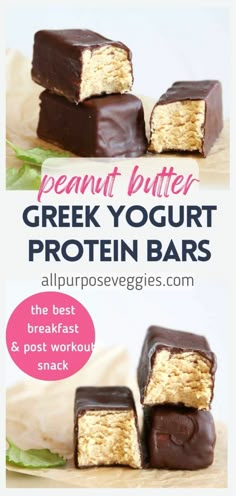 three pieces of peanut butter greek yogurt protein bars stacked on top of each other