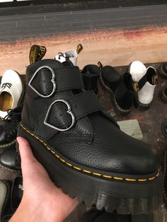 black platform doc martens boots with silver heart-shaped buckles on the side Buckle Aesthetic, Swag Shoes, Dr. Martens, Mood Board, Personal Style, Outfit Inspirations, Lookbook, Stockings, Buckle