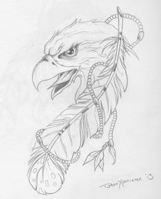 a drawing of an eagle with feathers and beads