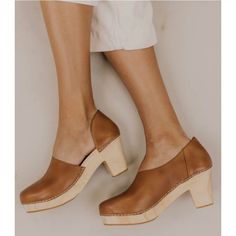 Super Cute Tawny Leather With A Blonde Wood Heel/Base. Brand New. I Bought Via Poshmark But They Are Too Narrow For Me. Bummed To Sell Because I Really Love Them Otherwise! I Wear A 7.5-8, I'd Say They Lean Closer To 7.5. Or Perfect On A 7 With Cute Socks. Free People Clogs, Brown Clogs, Clogs Heels, Blonde Wood, Asymmetrical Cut, Ankle Heels, Wood Heel, Free People Shoes, Cute Socks