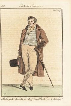 size: 12x8in Photo: French gentleman with top hat and cane, riding coat lined with taffeta, striped waistcoat or gilet, : 19th Century Mens Fashion, Regency Mens Fashion, 19th Century Men, Regency Era Fashion, 1800s Fashion, Regency Dress, Regency Fashion, 19th Century Fashion, Vintage Mens Fashion