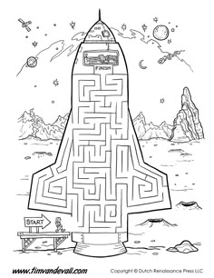 a maze in the shape of a spaceship with mountains and planets around it, as well as