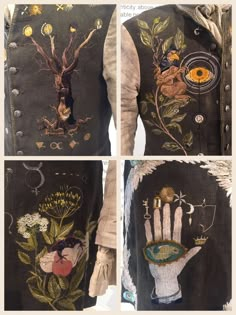 four different views of the back of a woman's jacket with embroidered designs on it