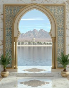 an arch leading to a lake with mountains in the background and potted plants on either side