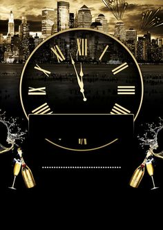 a black and gold clock with champagne flutes in front of a cityscape at night