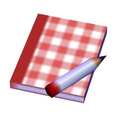 a red and white checkered book with a pencil