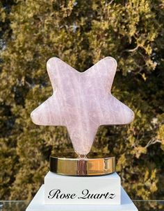 a pink star shaped object on top of a white pedestal in front of some trees