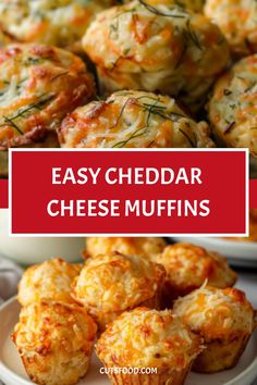 cheese muffins on a plate with the words easy cheddar cheese muffins