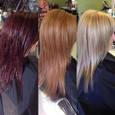 Before middle and after! Red to blonde hair by Trisha Hair Colors After Red, Red To Blonde Hair Transformation, Transition From Red To Blonde Hair, Red To Blonde Transition, Blonde To Burgundy Before And After, From Red To Blonde Hair Before And After, Red To Blonde Hair Before And After, Red To Blonde Hair, Blonde To Red Hair Before And After