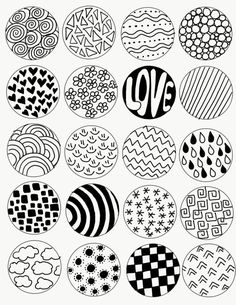 black and white circles with the word love on them in different shapes, sizes and colors