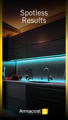 a kitchen with black cabinets and green lights on the counter top, along with an armcost logo that reads spotless results