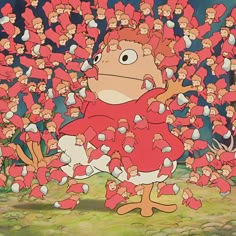 a cartoon character surrounded by many red and white objects