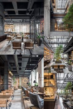 the interior and exterior of a restaurant with tables, chairs, and bookshelves