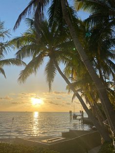 the sun is setting over the ocean with palm trees