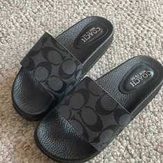 Women’s black Coach flip flops Hermes Aesthetic, Coach Slides, Coach Flip Flops, Pretty Sneakers, Crocs Fashion, Aesthetic Luxury, Pretty Sandals, Dr Shoes, Pretty Shoes Sneakers