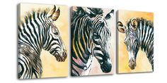 three paintings of zebras are hanging on the wall