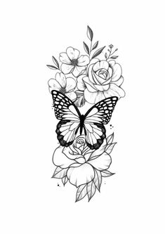 a black and white drawing of flowers with a butterfly on the top of one flower