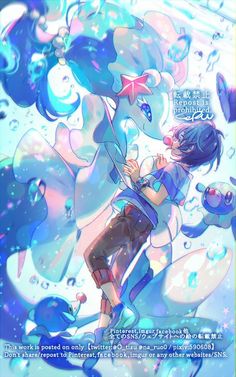 an anime character with long hair and blue eyes, standing in front of water bubbles