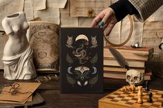 a person is playing chess with skulls and other items