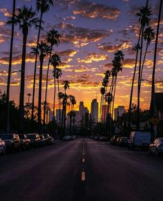 the sun is setting behind some palm trees in this city street lined with parked cars