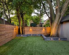 a backyard with grass and lights on the ground