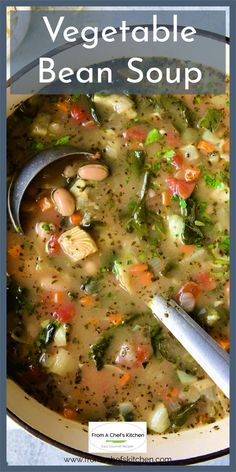 a bowl of vegetable bean soup with a spoon in it and the title overlay reads, vegetable bean soup