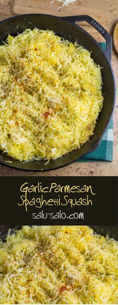 garlic parmesan spaghetti in a cast iron skillet and then topped with cheese