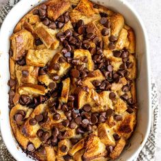 chocolate chip bread pudding in a white dish