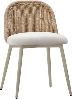 a wicker chair with a white cushion on the seat and backrest, in front of